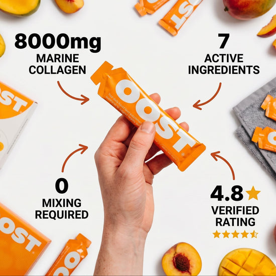 A hand holds an orange OOST marine collagen stick pack in the center of a promotional graphic. The image includes surrounding fruit slices, multiple OOST packs, a box, and text callouts reading 'Recovery in under 10 seconds,' '8000mg Marine Collagen,' '7 Active Ingredients,' '0 Mixing Required,' and '4.8 Verified Star Rating