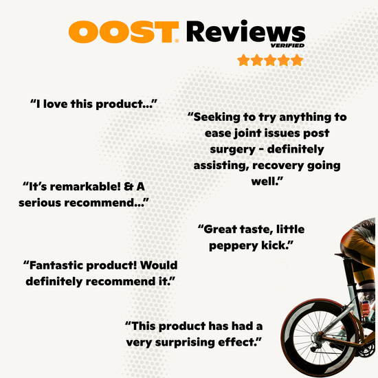 OOST Regen & Recover reviews featuring five testimonials and a star rating, with a bicycle in the background.