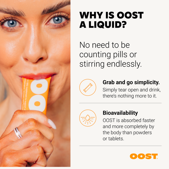 OOST Regen & Recover liquid sachet being held by a person, with text highlighting its convenience and bioavailability.