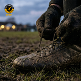 Image with a muddy boot being tied ready for training with Informed Sport logo