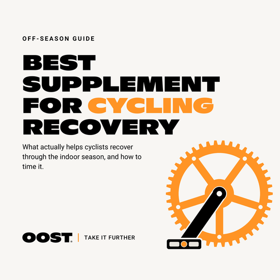 Best supplement for cycling recovery: OOST off-season guide graphic with an orange bike chainring, crank and pedal