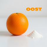 A pile of vitamin C powder, an orange,  and the OOST logo