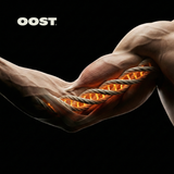 A close-up photograph of a muscular man's flexed arm against a black background, featuring a stylized, glowing orange twisted rope structure representing muscle fibers or tendons running along the bicep.