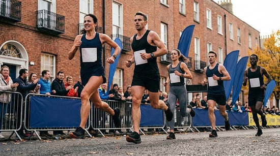 Group of marathon runners racing together on an autumn city street.