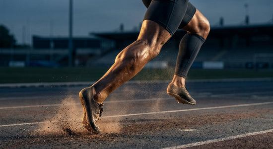 Sprinter's Achilles tendon and calf straining mid-stride, kicking up dust — the tendon strength collagen research targets