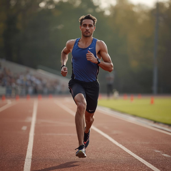 Runner in training demonstrating the explosive movement supported by OOST ReGen & Recover marine collagen for connective tissue health.
