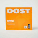 OOST Regen and Recover daily marine collagen supplement box. Mango and Peach flavour, featuring 14 shots with 8000mg marine collagen for exercise recovery. Informed Sport certified.