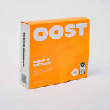 OOST Regen and Recover daily marine collagen supplement box. Mango and Peach flavour, featuring 14 shots with 8000mg marine collagen for exercise recovery. Informed Sport certified.