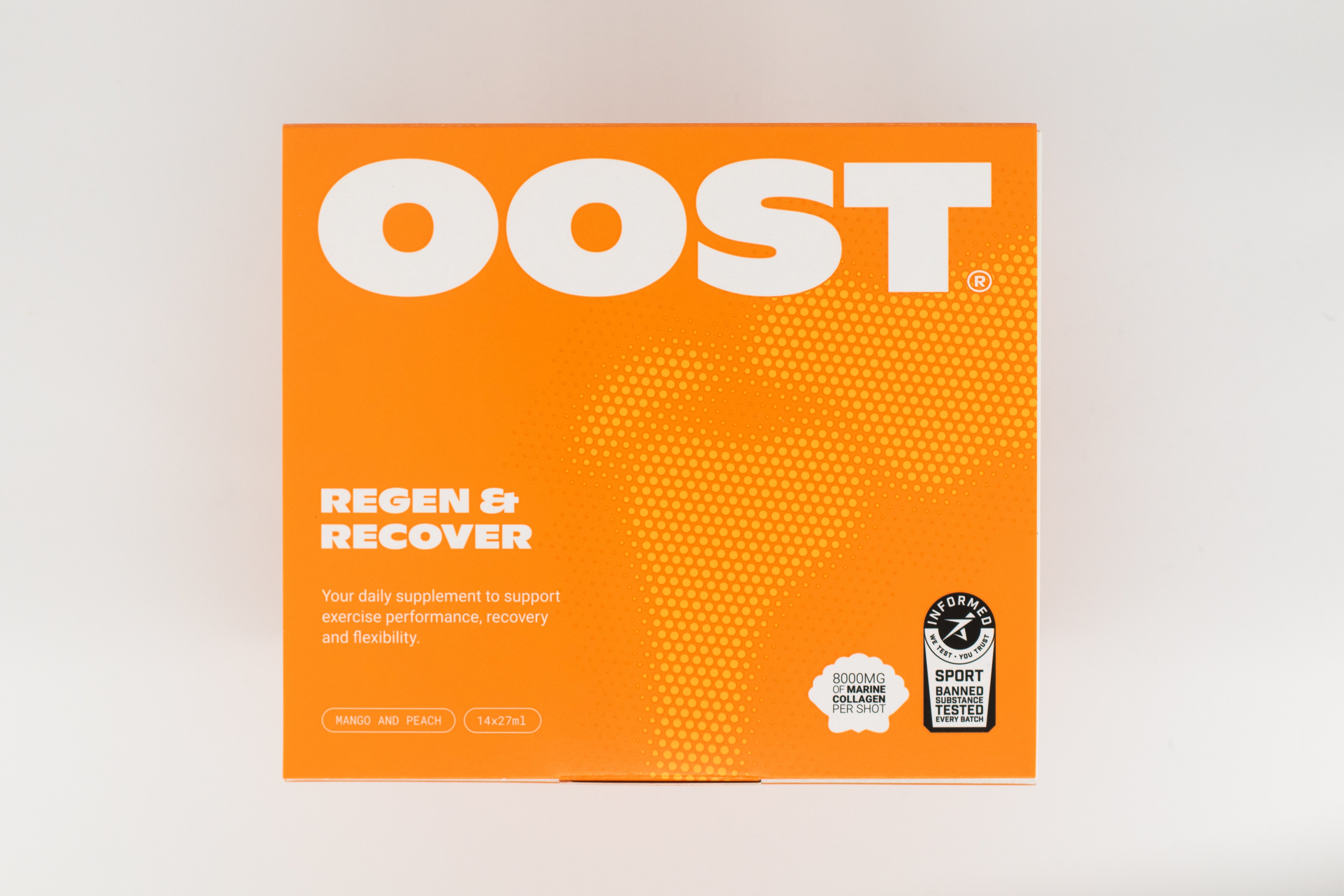 Orange package with 'OOST' branding on a light gray background