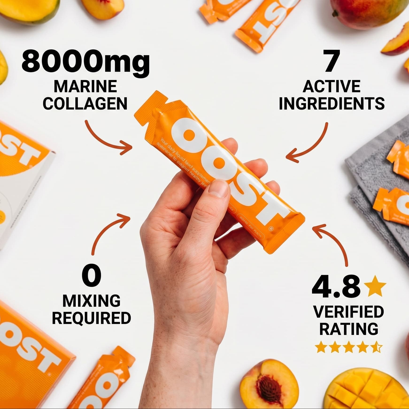 A hand holds an orange OOST marine collagen stick pack in the center of a promotional graphic. The image includes surrounding fruit slices, multiple OOST packs, a box, and text callouts reading 'Recovery in under 10 seconds,' '8000mg Marine Collagen,' '7 Active Ingredients,' '0 Mixing Required,' and '4.8 Verified Star Rating