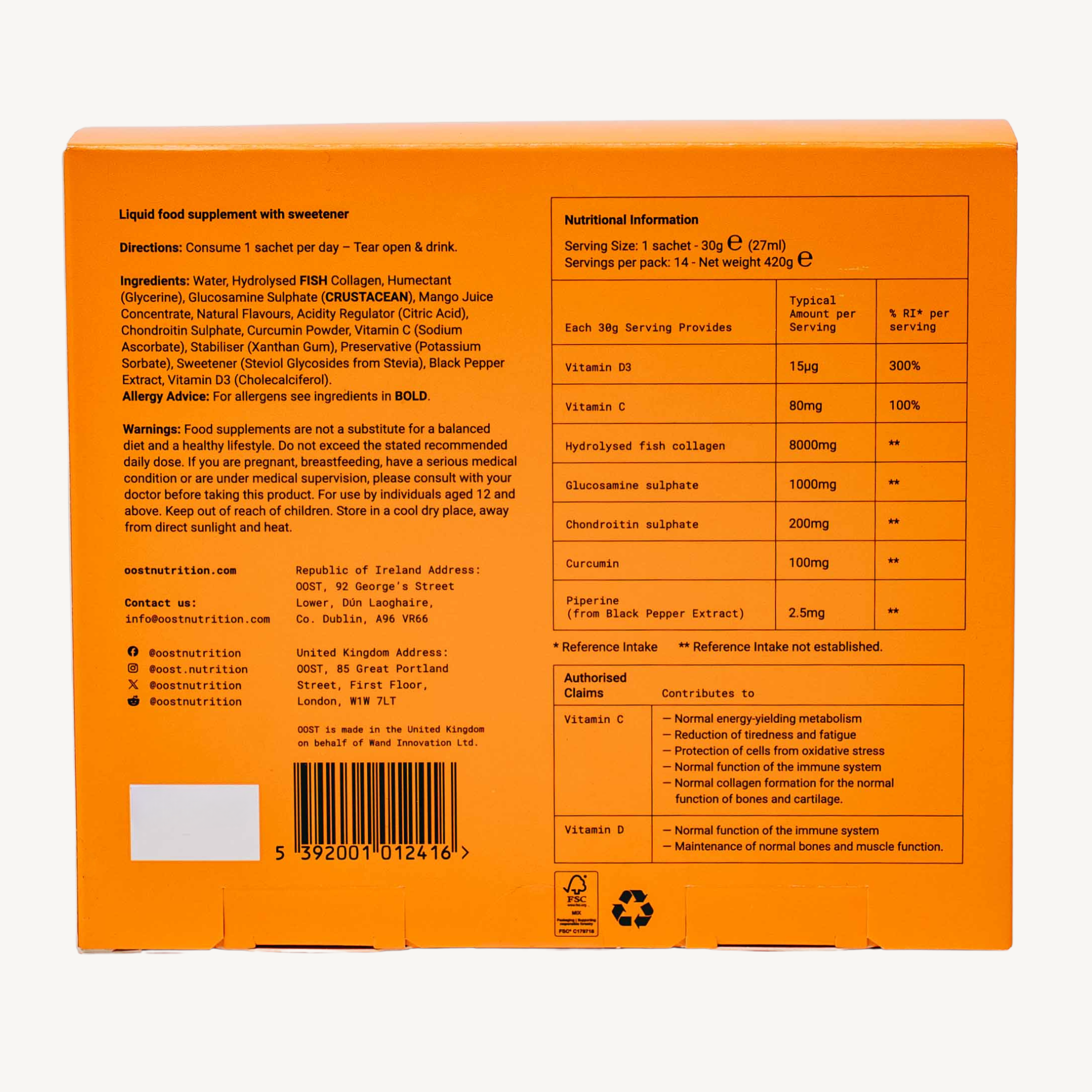 OOST Regen & Recover supplement packaging, orange background with nutritional information and ingredient list.