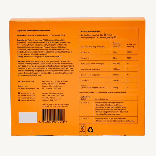 OOST Regen & Recover supplement packaging, orange background with nutritional information and ingredient list.