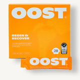 OOST Regen & Recover supplement box in bright orange with mango and peach flavor, featuring a single sachet.
