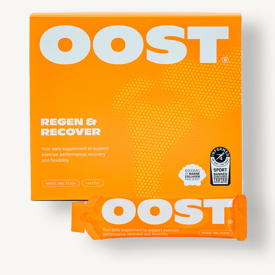 OOST Regen & Recover supplement box in bright orange with mango and peach flavor, featuring a single sachet.