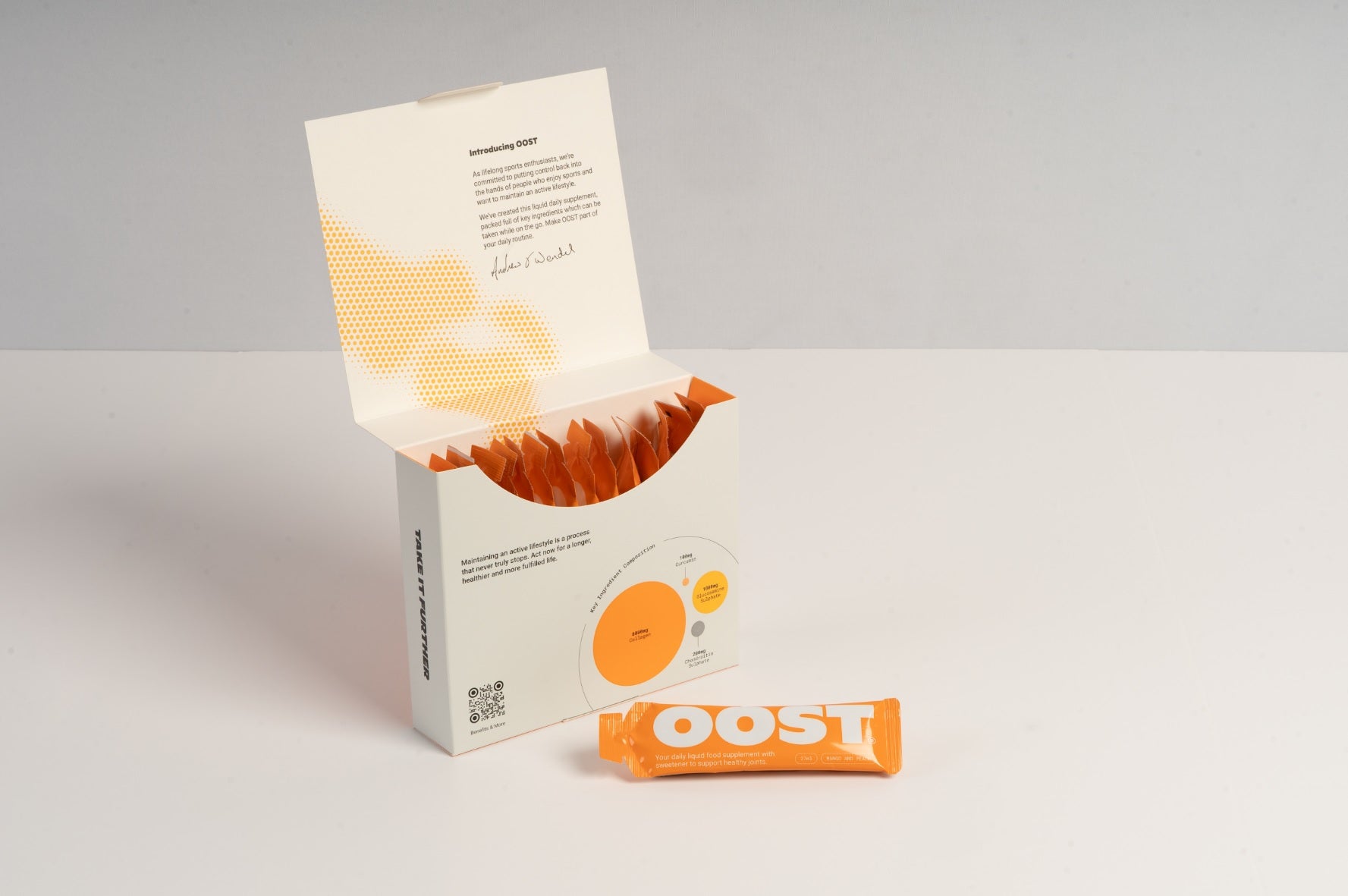 OOST Regen & Recover box open with orange sachets and a sachet on a white surface.