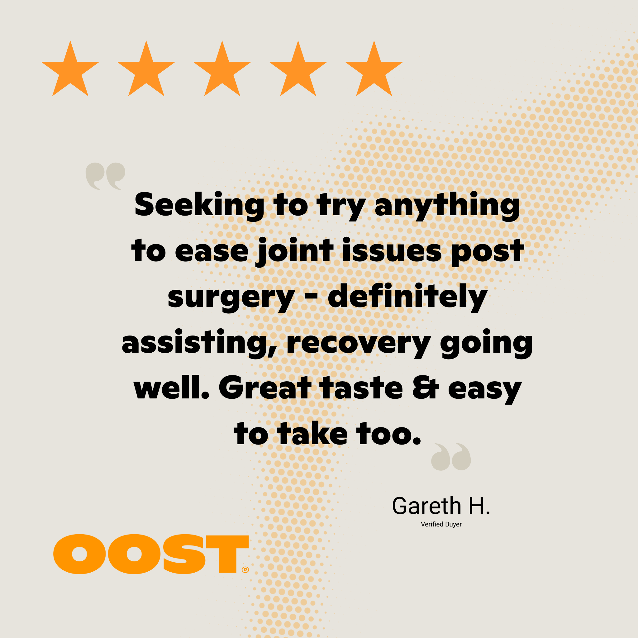 Five-star rating with a positive review about joint issues post-surgery.