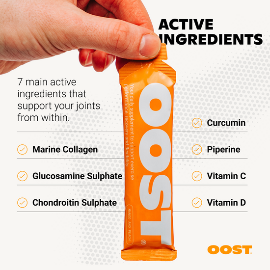 OOST Regen & Recover supplement sachet featuring active ingredients: marine collagen, glucosamine, and vitamin C.