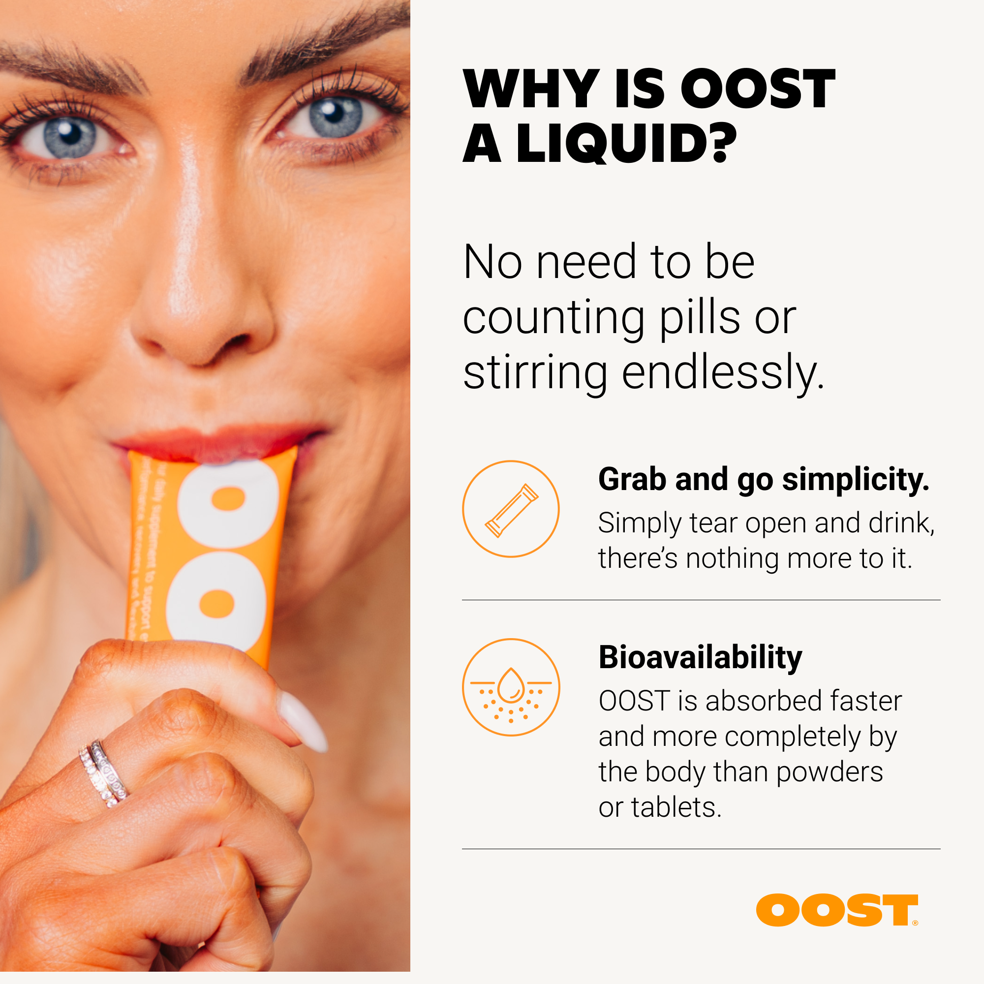OOST Regen & Recover liquid sachet being held by a person, with text highlighting its convenience and bioavailability.
