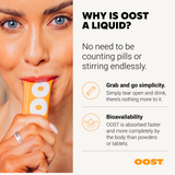 OOST Regen & Recover liquid sachet being held by a person, with text highlighting its convenience and bioavailability.